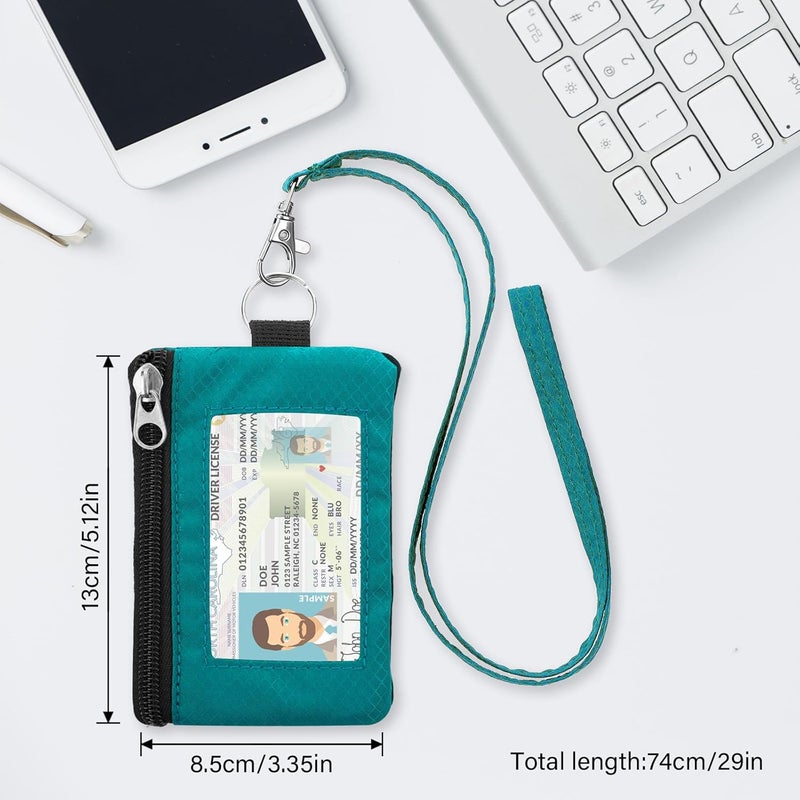 ZHOMA Minimalist RFID Wallet with Lanyard, Multi-Functional ID Case with 2 Zipper Pockets and Key Chain for Men and Women, Tactical Badge Pouch Cards Holder, Coin Purse for Travel - Peacock&Pink - Image 5